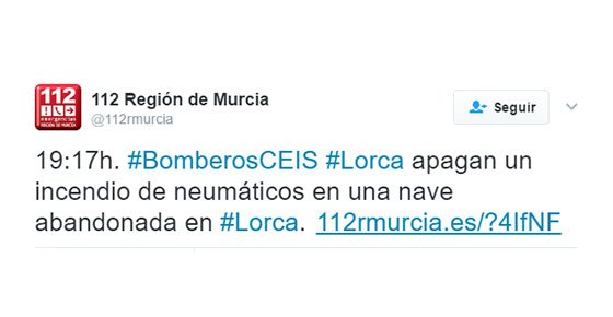 Tweet lanzado por la cuenta del 112 Región de Murcia en el que se hacía referencia al suceso